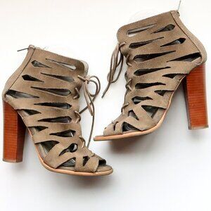 MIA Military Green Suede Leather Peep Toe Cutout Lace-up Heels Bootie Shoes 6